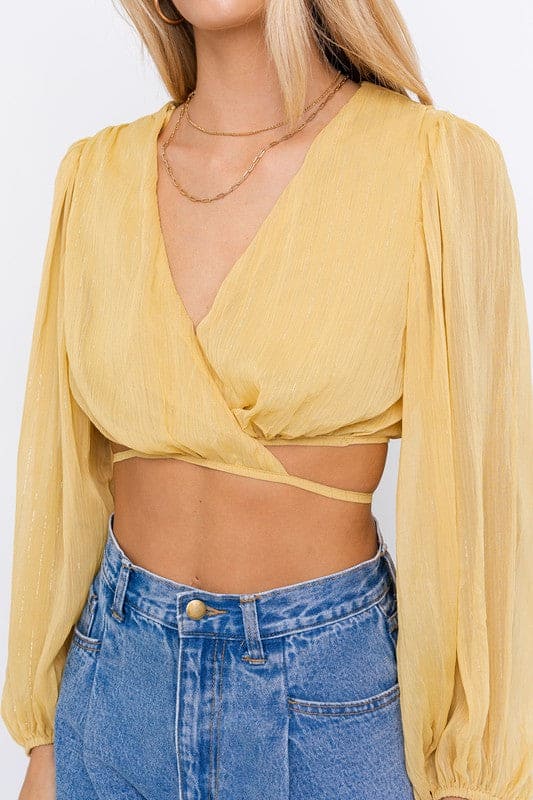 Balloon Long Sleeve Criss Cross Crop Top YELLOW M Tops by LE LIS | Fleurcouture