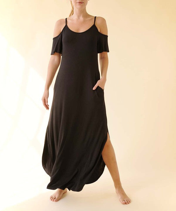 BAMBOO COLD SHOULDER MAXI DRESS BLACK S by Fabina | Fleurcouture