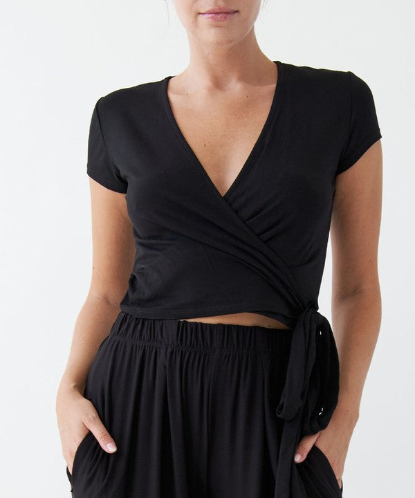 BAMBOO WRAP CROP CAM SLV BLACK S by Fabina | Fleurcouture