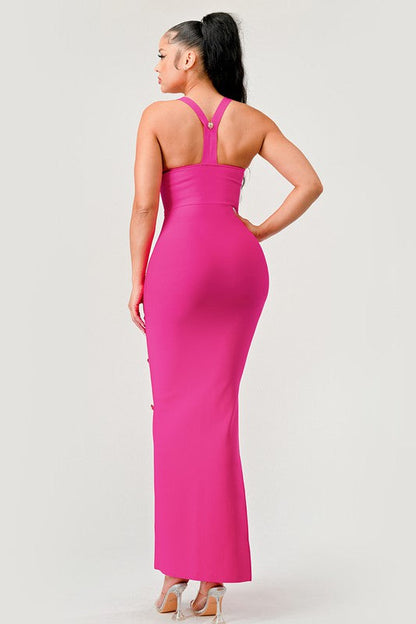 Bandage Brass Button Detail Maxi Dress HOT PINK by Athina | Fleurcouture