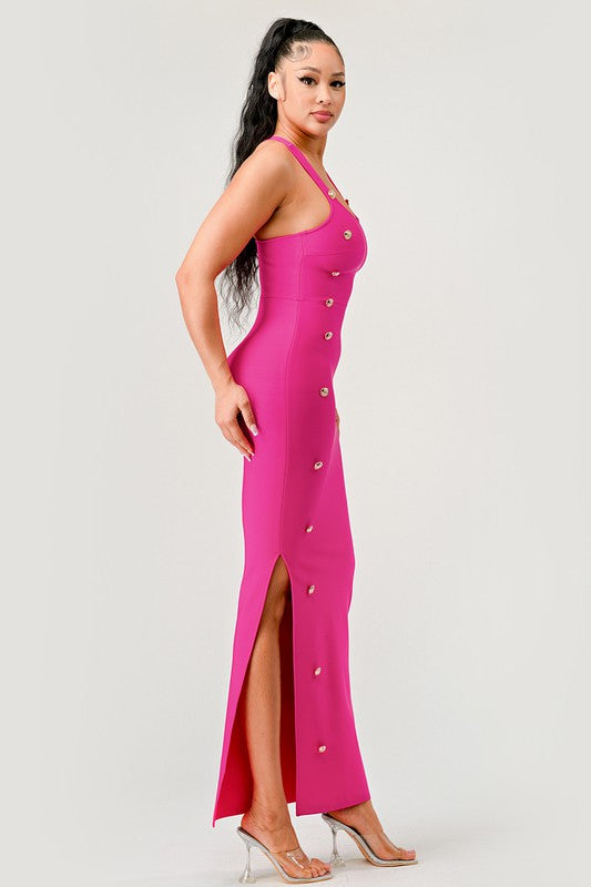 Bandage Brass Button Detail Maxi Dress HOT PINK by Athina | Fleurcouture