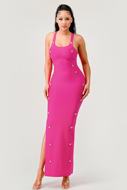 Bandage Brass Button Detail Maxi Dress HOT PINK by Athina | Fleurcouture