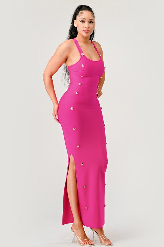 Bandage Brass Button Detail Maxi Dress HOT PINK by Athina | Fleurcouture