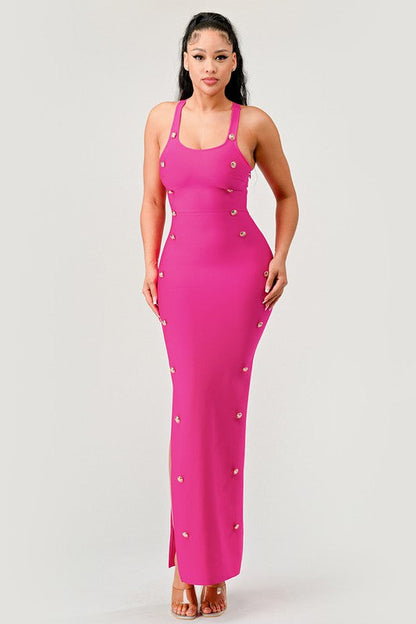 Bandage Brass Button Detail Maxi Dress HOT PINK by Athina | Fleurcouture