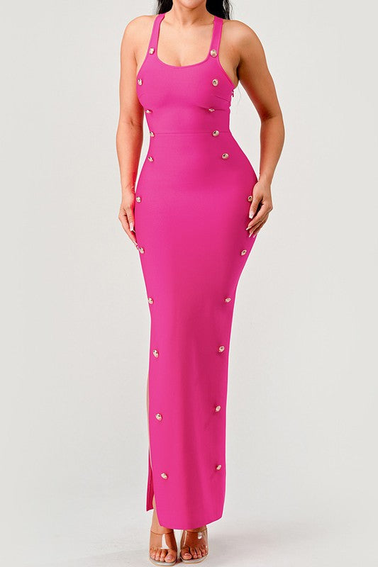 Bandage Brass Button Detail Maxi Dress HOT PINK by Athina | Fleurcouture