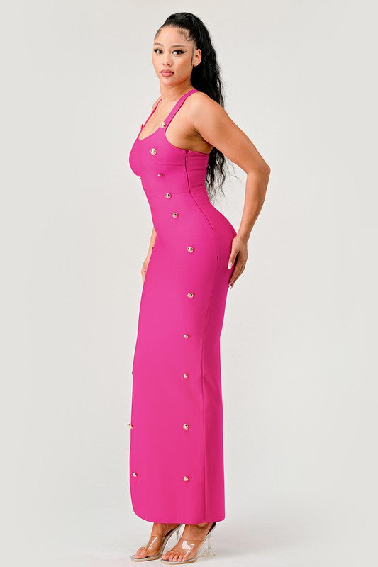 Bandage Brass Button Detail Maxi Dress HOT PINK by Athina | Fleurcouture