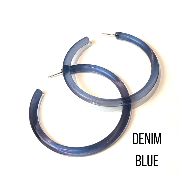 Bangle Lucite Hoop Earrings - 3 Inch Denim Blue Bangle Hoop Earrings by Leetie Lovendale | Fleurcouture