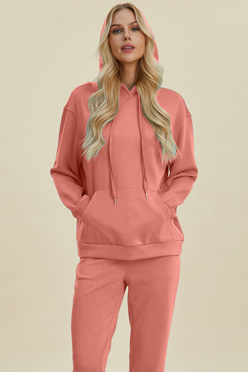 Basic Bae Full Size Air Scuba Drawstring Long Sleeve Hoodie with Kangaroo Pocket Coral S Women&