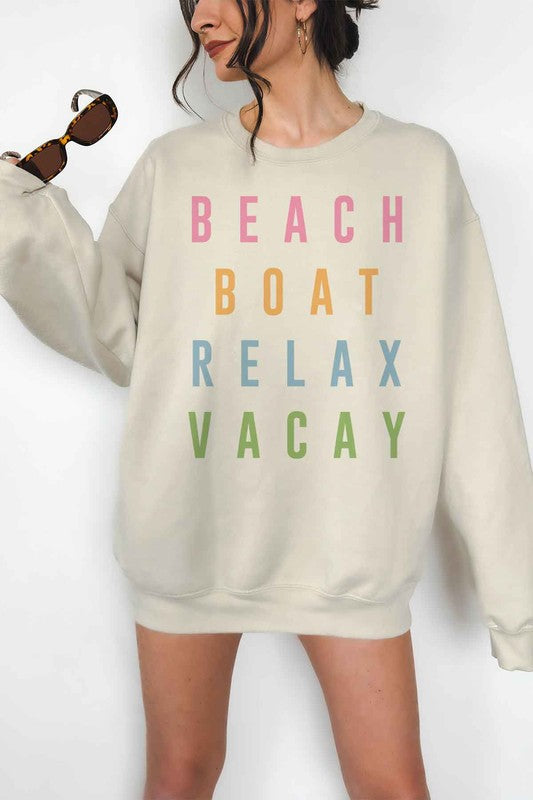 BEACH BOAT RELAX VACAY OVERSIZED SWEATSHIRT SAND S/M by ALPHIA | Fleurcouture