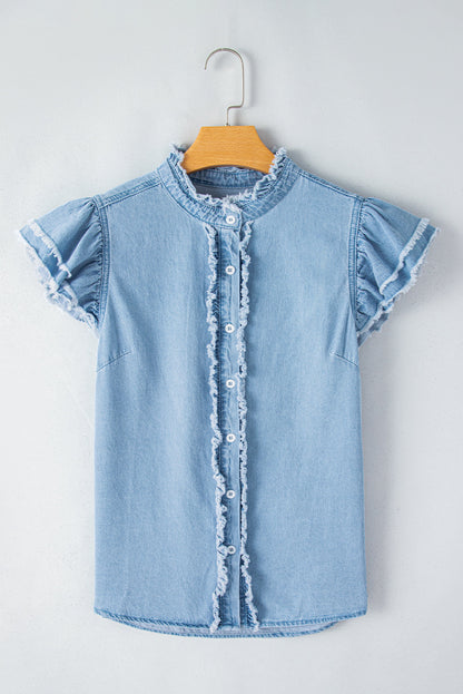 Beau Blue Button Front Ruffled Flutter Frayed Denim Top 100%Cotton Tops/Tops &amp; Tees by Fleurcouture | Fleurcouture