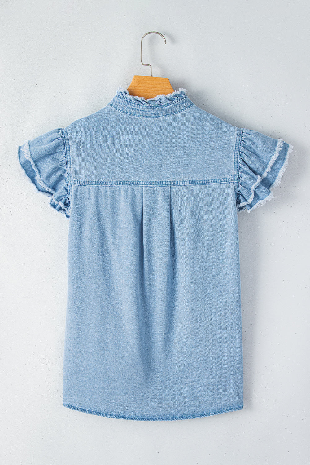 Beau Blue Button Front Ruffled Flutter Frayed Denim Top 100%Cotton Tops/Tops &amp; Tees by Fleurcouture | Fleurcouture