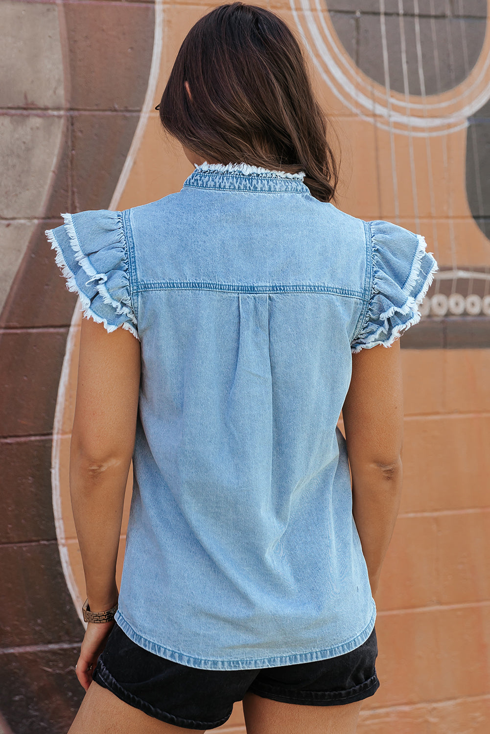 Beau Blue Button Front Ruffled Flutter Frayed Denim Top 100%Cotton Tops/Tops &amp; Tees by Fleurcouture | Fleurcouture