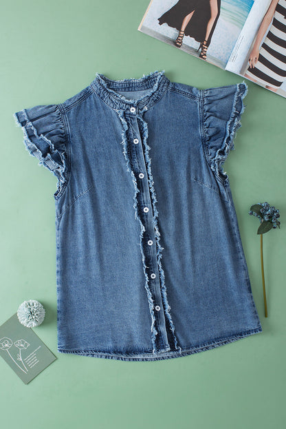 Beau Blue Button Front Ruffled Flutter Frayed Denim Top 100%Cotton Tops/Tops &amp; Tees by Fleurcouture | Fleurcouture