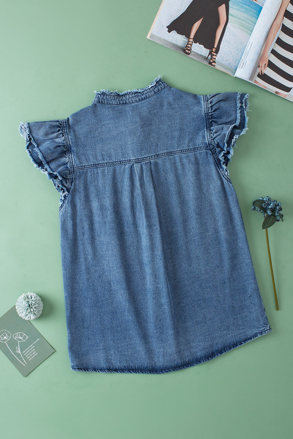 Beau Blue Button Front Ruffled Flutter Frayed Denim Top 100%Cotton Tops/Tops &amp; Tees by Fleurcouture | Fleurcouture