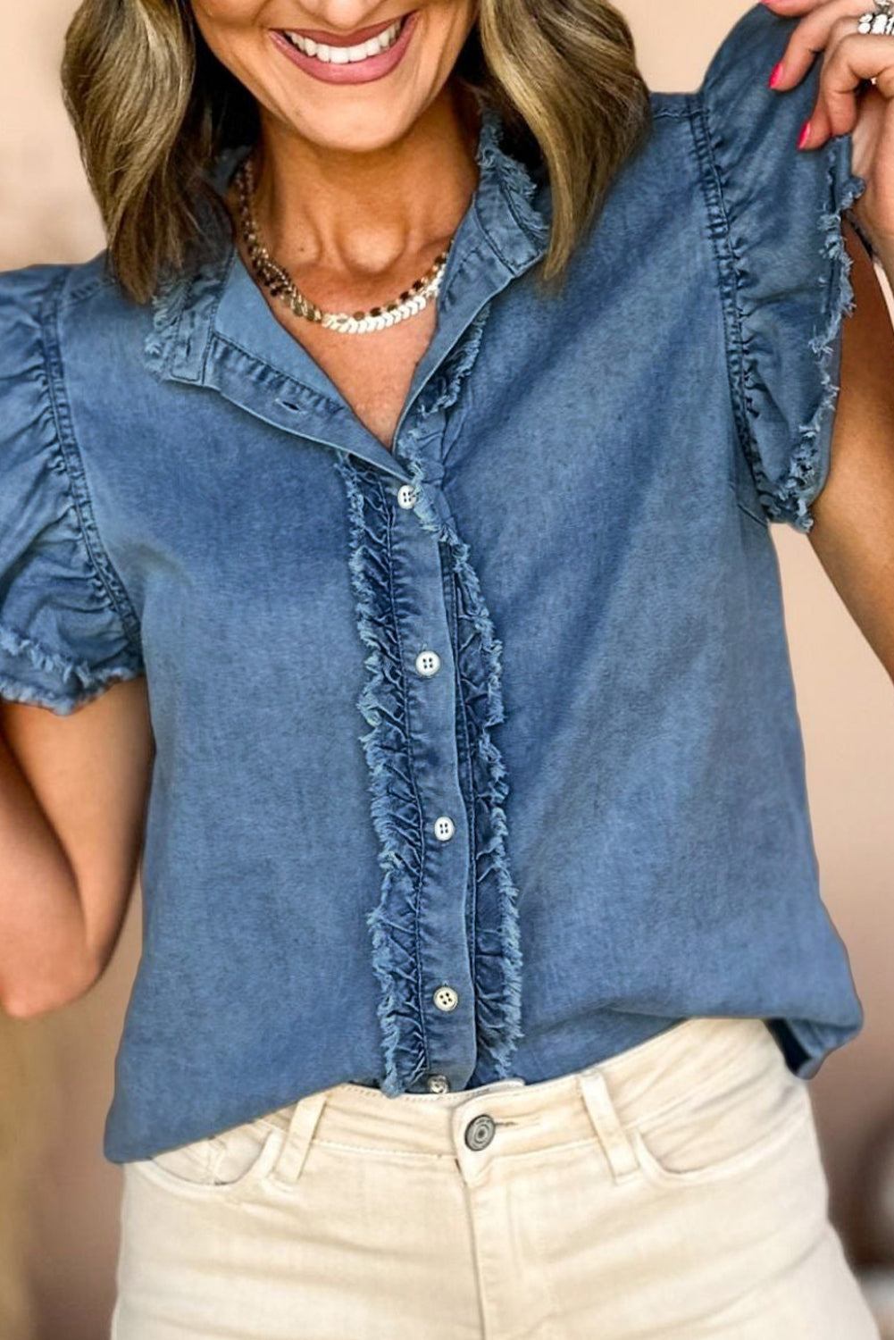 Beau Blue Button Front Ruffled Flutter Frayed Denim Top 100%Cotton Tops/Tops &amp; Tees by Fleurcouture | Fleurcouture