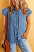 Beau Blue Button Front Ruffled Flutter Frayed Denim Top Ashleigh Blue S 100%Cotton Tops/Tops & Tees by Fleurcouture | Fleurcouture