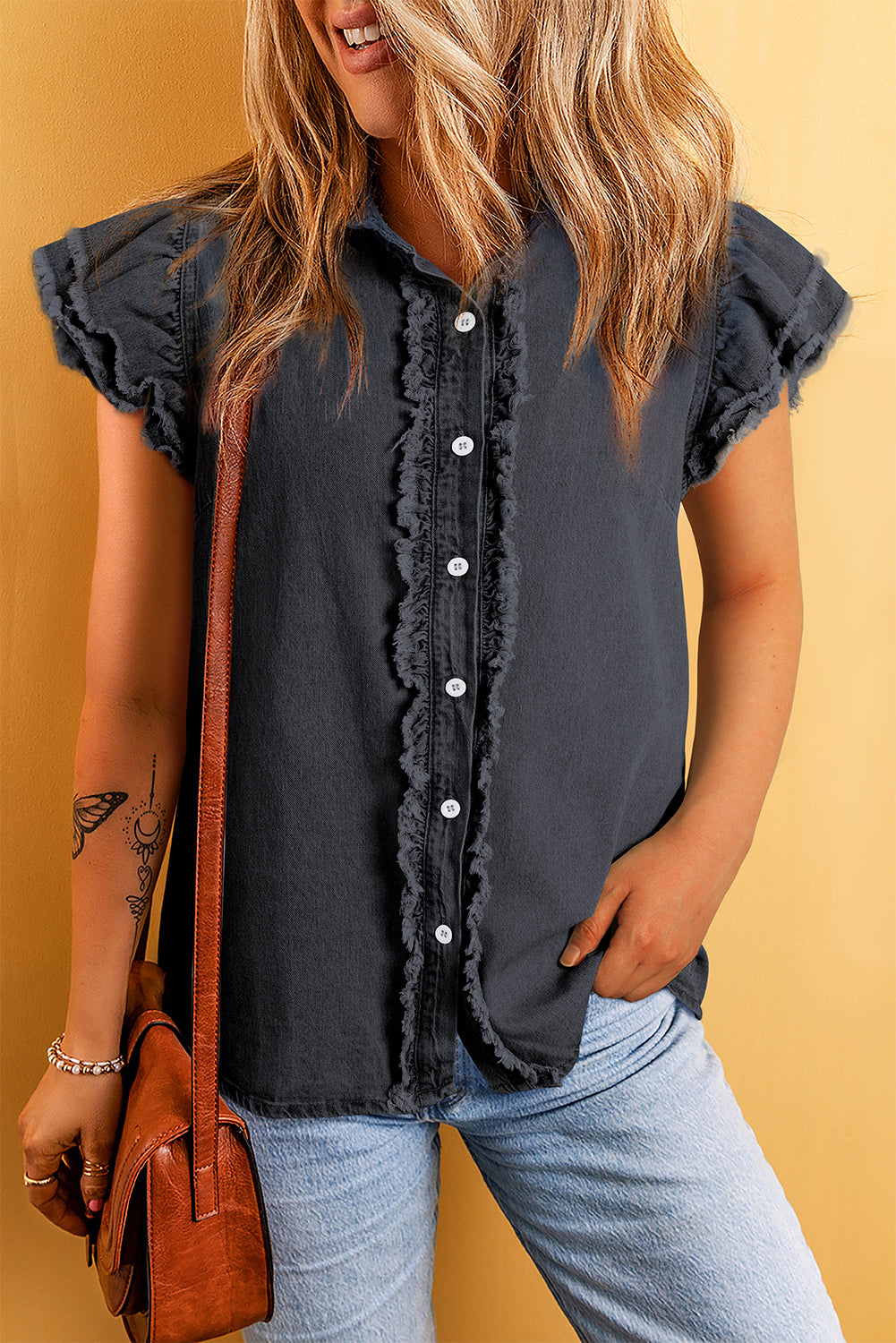 Beau Blue Button Front Ruffled Flutter Frayed Denim Top Black S 100%Cotton Tops/Tops &amp; Tees by Fleurcouture | Fleurcouture