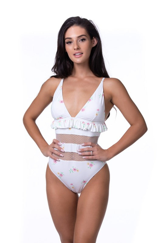 BEIGE FLORAL RUFFLE TRIM MESH ONE PIECE SWIM floral by Beach Joy Bikini | Fleurcouture