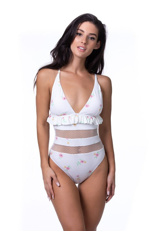 BEIGE FLORAL RUFFLE TRIM MESH ONE PIECE SWIM floral S by Beach Joy Bikini | Fleurcouture