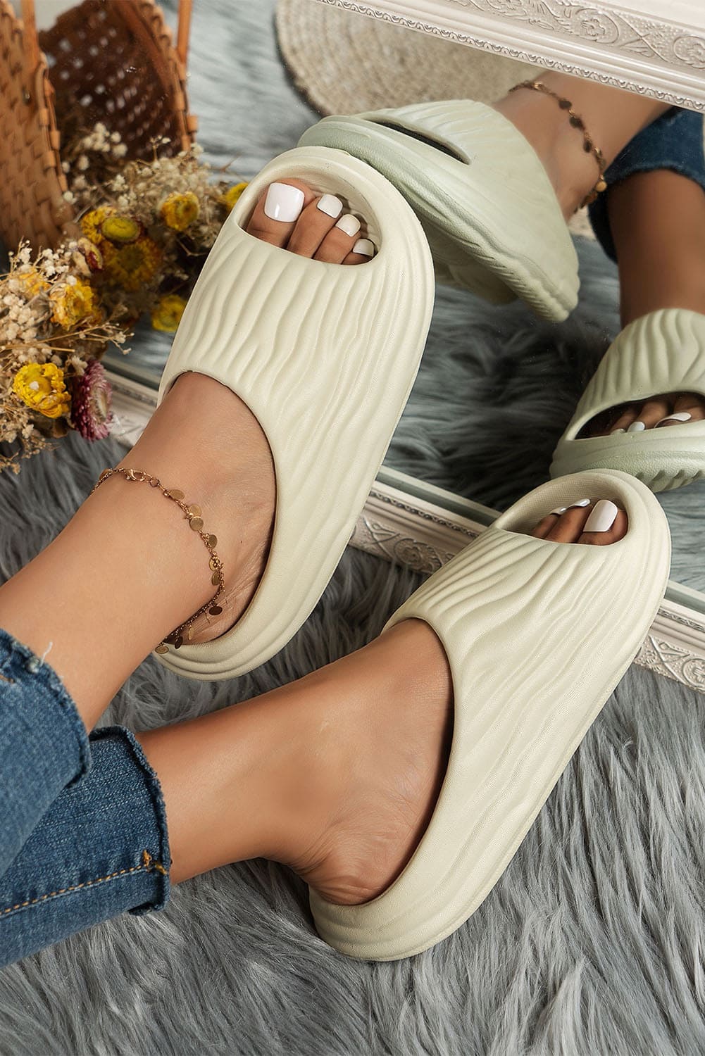 Beige Pleated Thick Soled Slippers Beige 100%Viscose Shoes & Bags by Fleurcouture | Fleurcouture