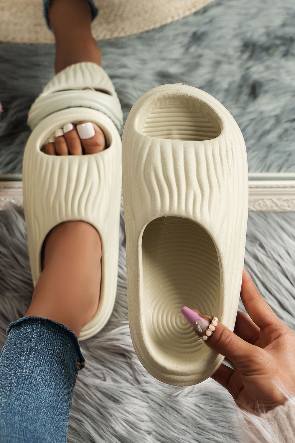 Beige Pleated Thick Soled Slippers Beige 37 100%Viscose Shoes & Bags by Fleurcouture | Fleurcouture