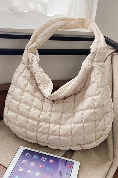 Beige Quilted Zipper Large Jennie Shoulder Bag one by EG fashion | Fleurcouture