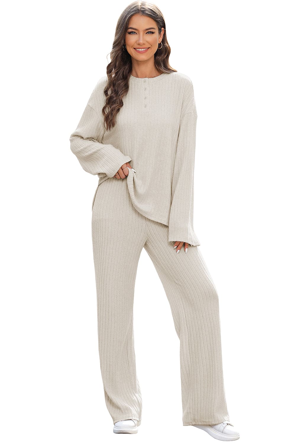 Beige Ribbed Drop Shoulder Henley Top Wide Leg Pants Set Beige 85%Polyester+10%Viscose+5%Elastane Two Piece Sets by Fleurcouture | Fleurcouture