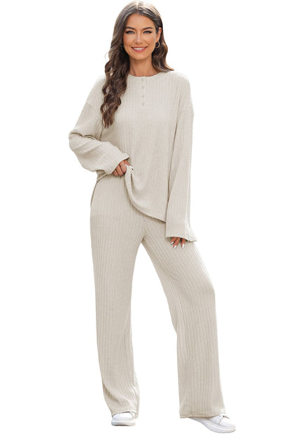 Beige Ribbed Drop Shoulder Henley Top Wide Leg Pants Set Beige 85%Polyester+10%Viscose+5%Elastane Two Piece Sets by Fleurcouture | Fleurcouture