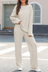 Beige Ribbed Drop Shoulder Henley Top Wide Leg Pants Set Beige S 85%Polyester+10%Viscose+5%Elastane Two Piece Sets by Fleurcouture | Fleurcouture