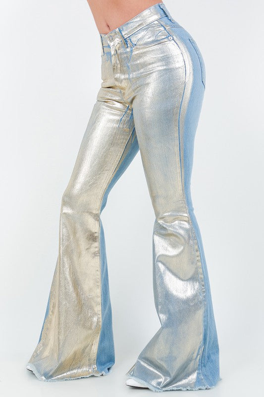 Bell Bottom Jean in Gold Foil Gold by GJG Denim | Fleurcouture