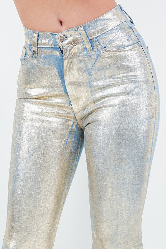 Bell Bottom Jean in Gold Foil Gold by GJG Denim | Fleurcouture