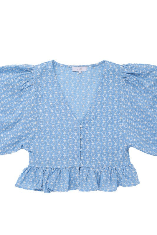 Bell sleeved peplum blouse Light blue by Lilou | Fleurcouture