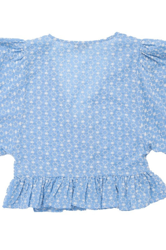 Bell sleeved peplum blouse Light blue by Lilou | Fleurcouture