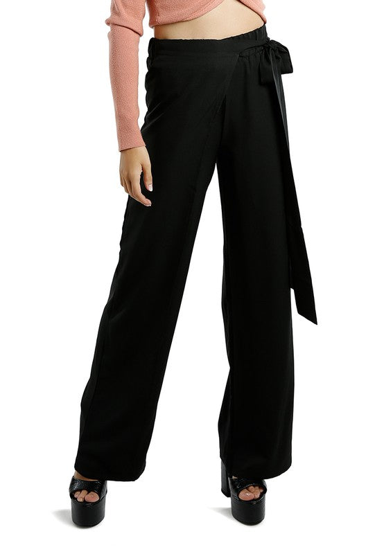 Belted Tie Wide Leg Pants Black XL by Rag Company | Fleurcouture