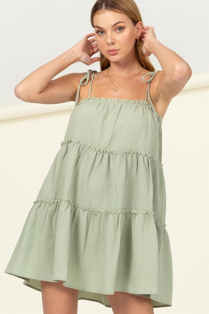 Better Days Tie-Strap Tiered Mini Dress SAGE M Women&