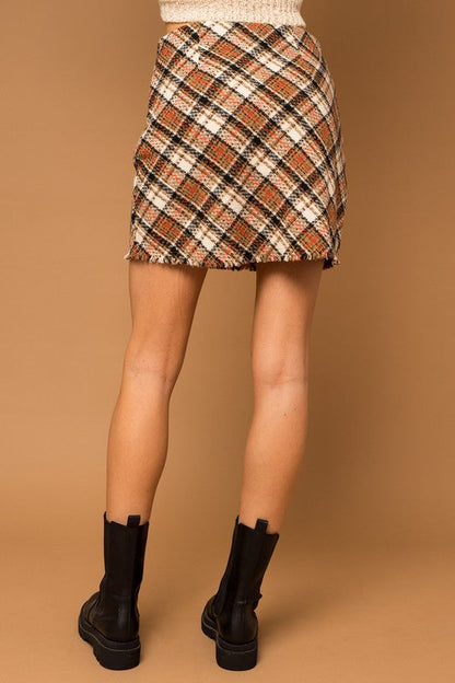 Bias Plaid Frayed Hem Mini Skirt TAUPE-RUST PLAID S by Gilli | Fleurcouture