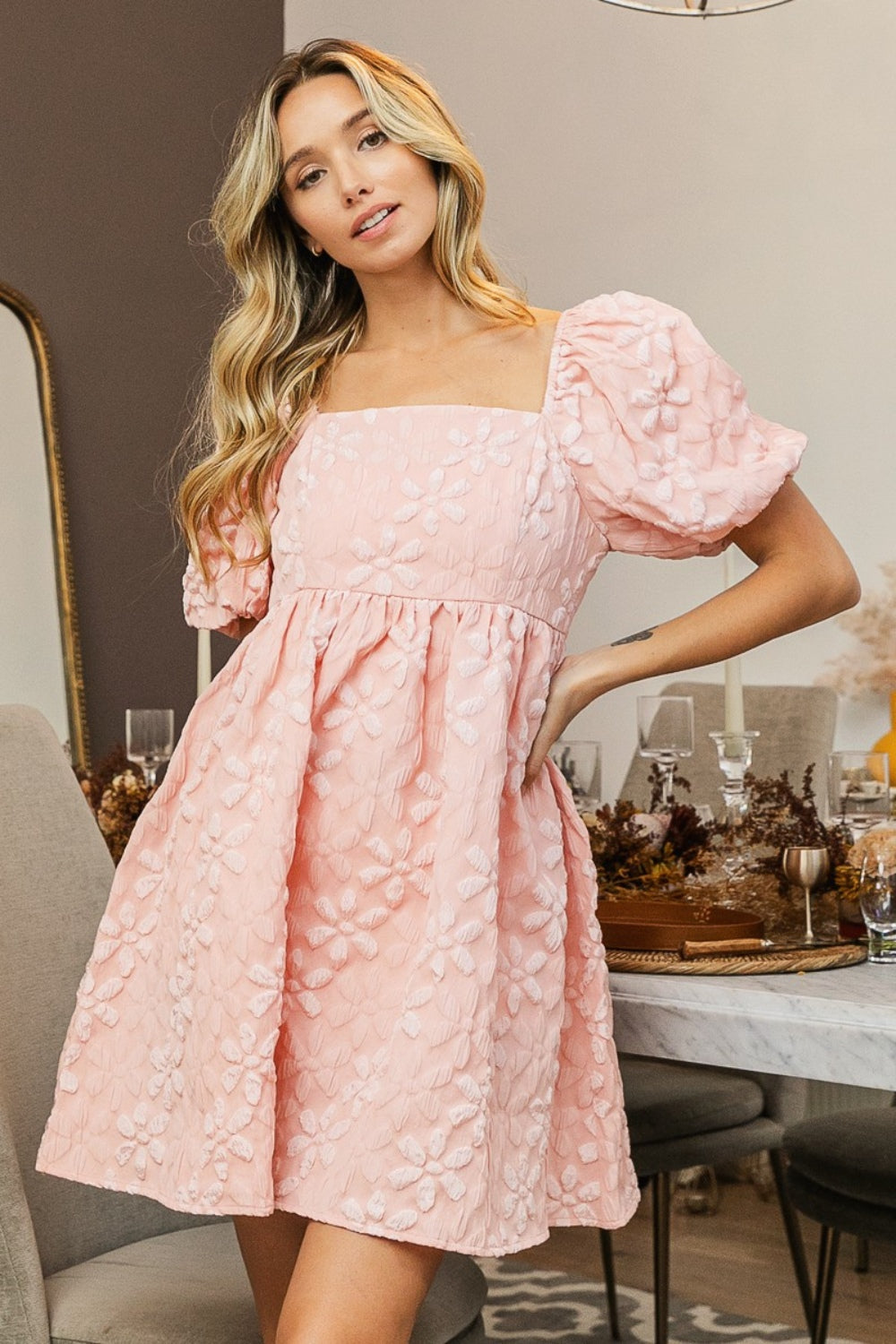 BiBi Flower Square Neck Puff Sleeve Dress Blush Women&