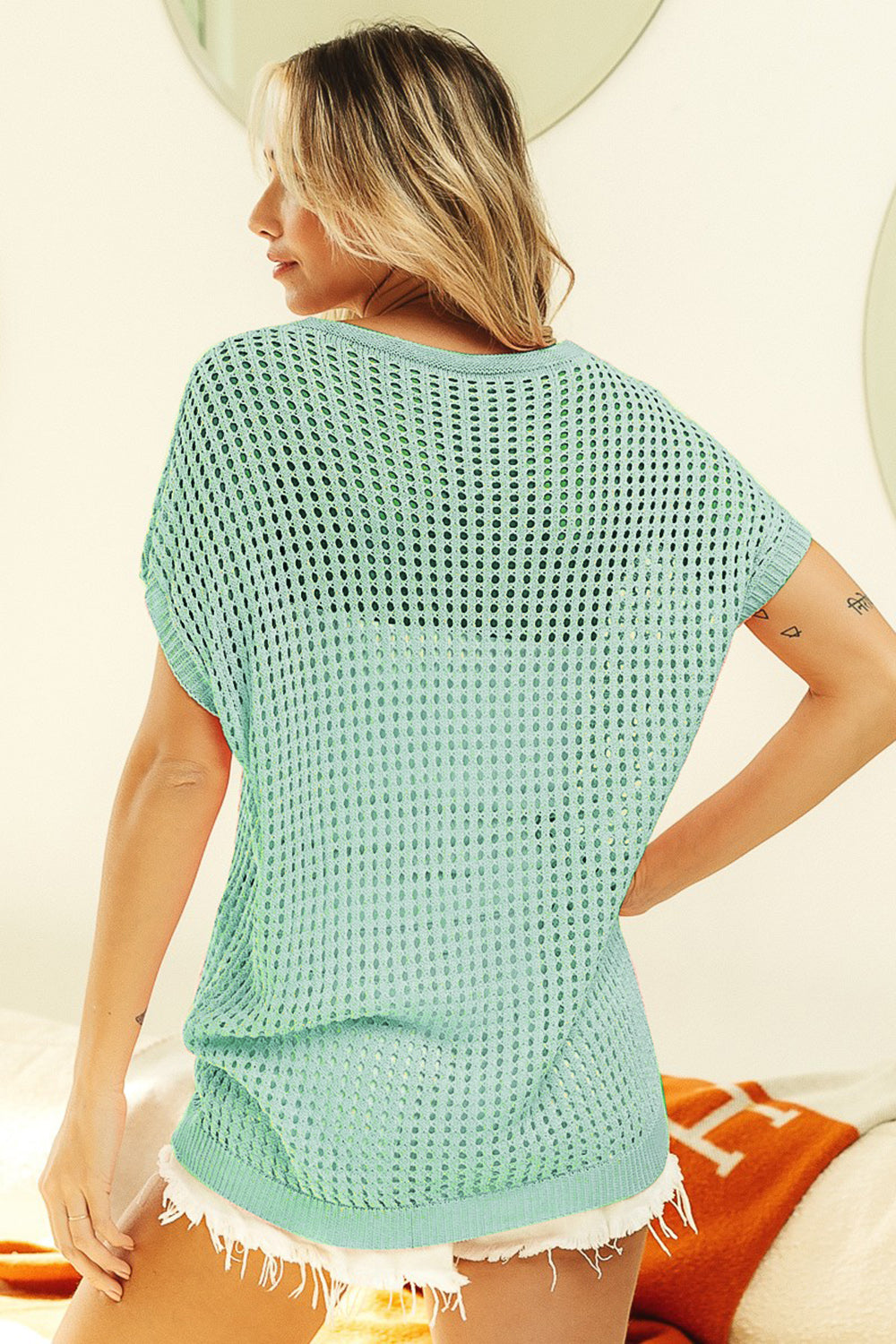 BiBi Openwork Short Sleeve Knit Cover Up Sage Women&