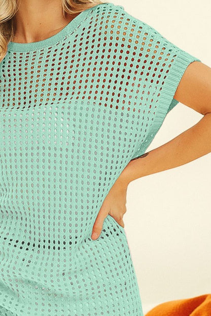 BiBi Openwork Short Sleeve Knit Cover Up Sage Women&