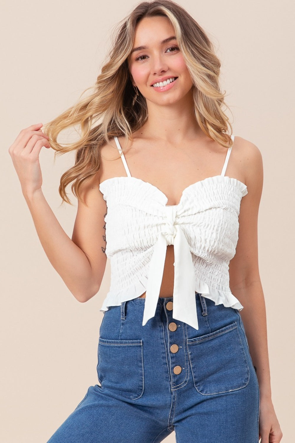 BiBi Ruffled Smocked Ribbon Detail Cami Off White S Women&