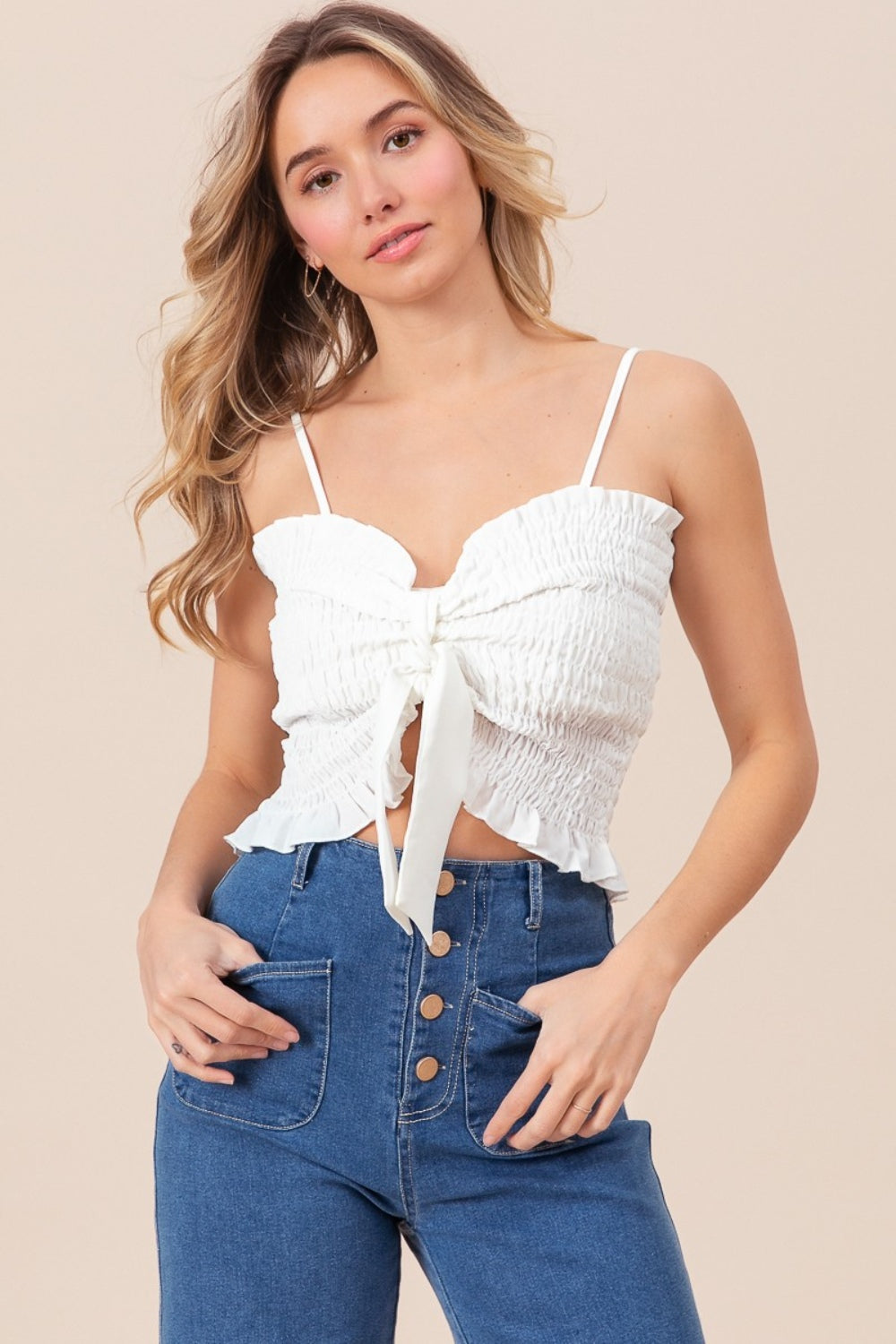 BiBi Ruffled Smocked Ribbon Detail Cami Off White Women&