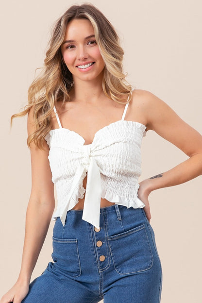 BiBi Ruffled Smocked Ribbon Detail Cami Off White Women&