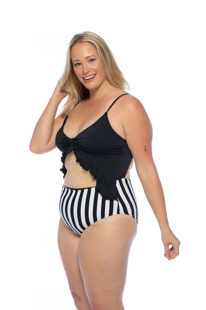 BLACK AND STRIPED CUTOUT ONE PIECE SWIMSUIT STRIPE by Beach Joy Bikini | Fleurcouture