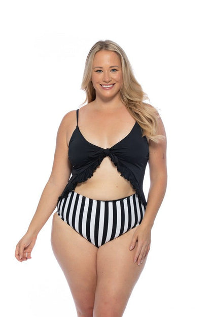 BLACK AND STRIPED CUTOUT ONE PIECE SWIMSUIT STRIPE S by Beach Joy Bikini | Fleurcouture