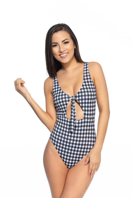 BLACK AND WHITE GINGHAM CUTOUT TIE ONE PIECE SWIM black gingham S by Beach Joy Bikini | Fleurcouture