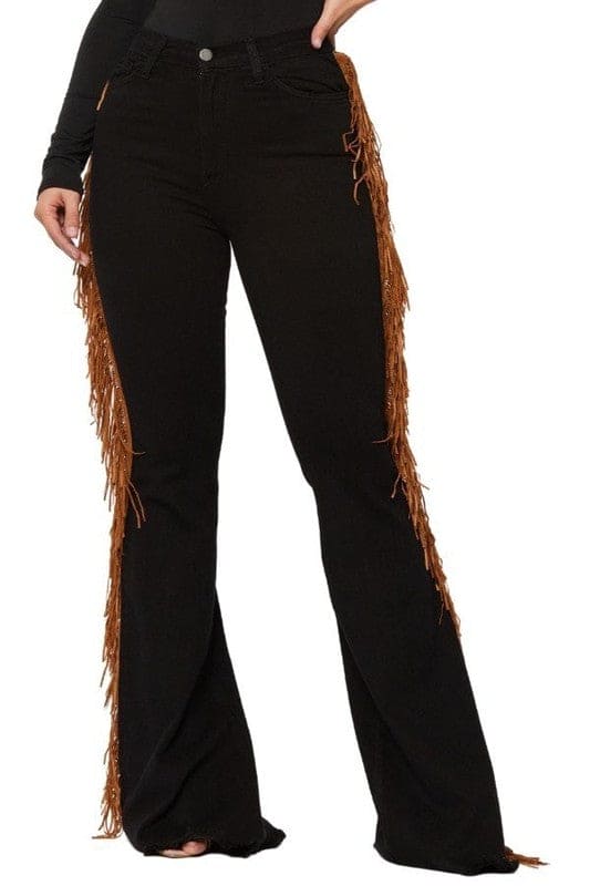 Black Bell Bottom Jean with Side Fringe Black Bottoms by GJG Denim | Fleurcouture