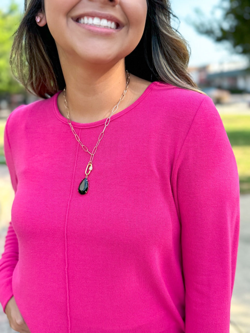 Black Crystal Drop Necklace Black One Size Necklace by Grace & Emma | Fleurcouture