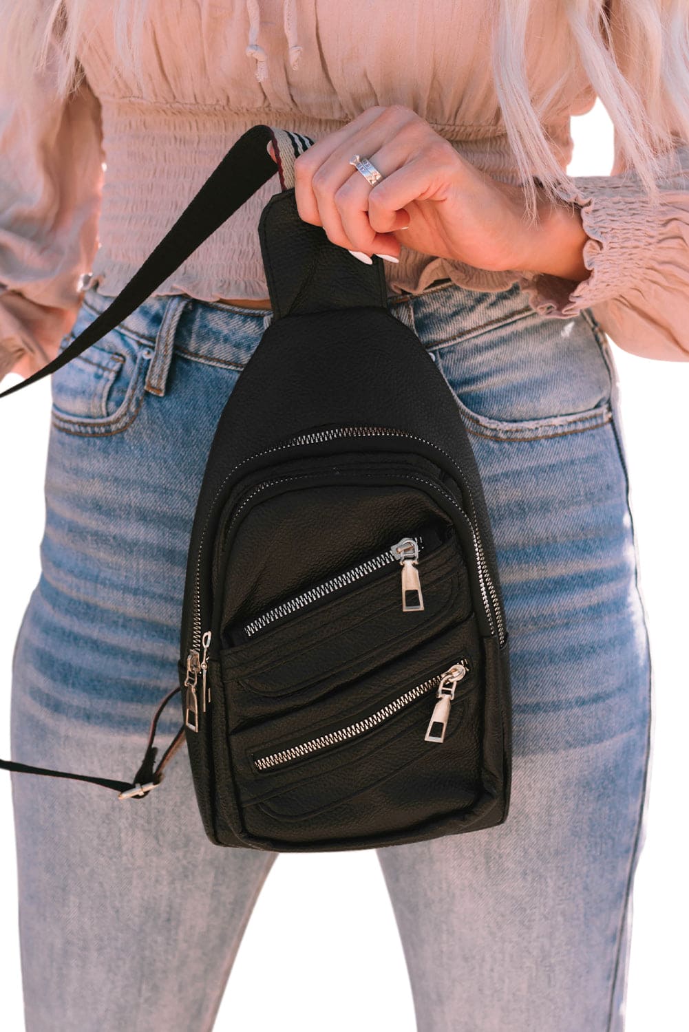 Black Faux Leather Multi-pockets Zipped Chest Bag Black ONE SIZE Pu Leather Shoes &amp; Bags by Fleurcouture | Fleurcouture