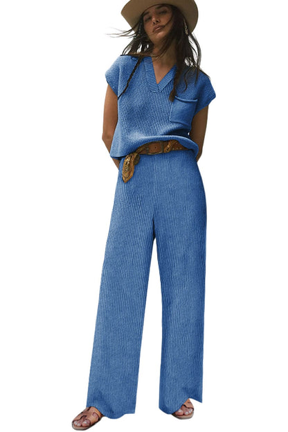 Black Knitted V Neck Sweater and Casual Pants Set 60%Cotton+40%Acrylic Two Piece Sets by Fleurcouture | Fleurcouture