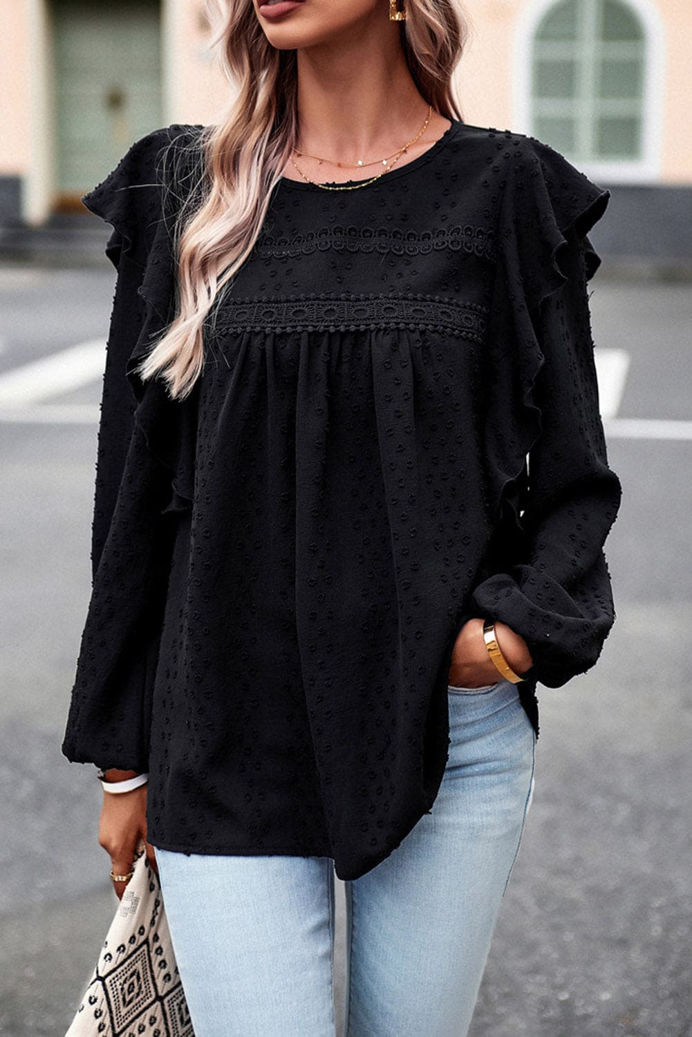 Black Lace Eyelet Ruffle Shoulder Long Sleeve Blouse Black 100%Polyester Blouses by Fleurcouture | Fleurcouture